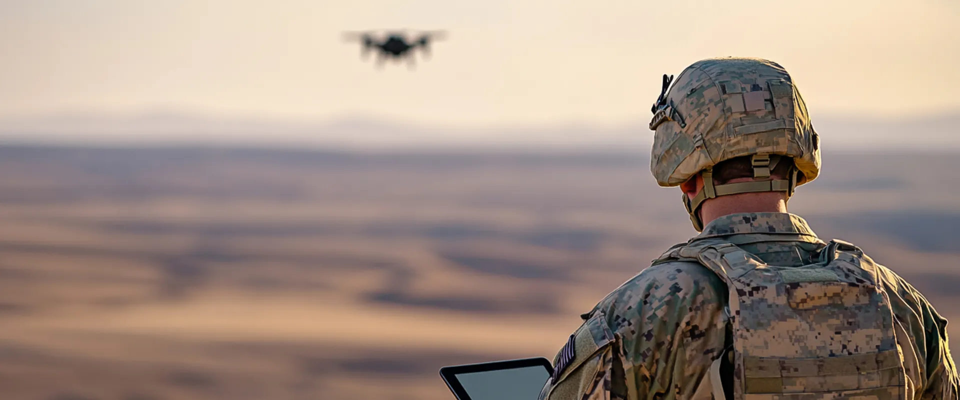 Soldier operating tablet to control drone over desert landscape