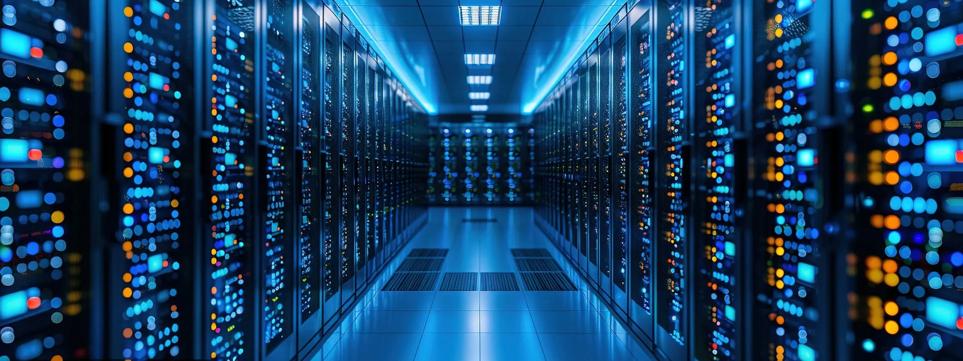 Blue-lit data center corridor with server racks