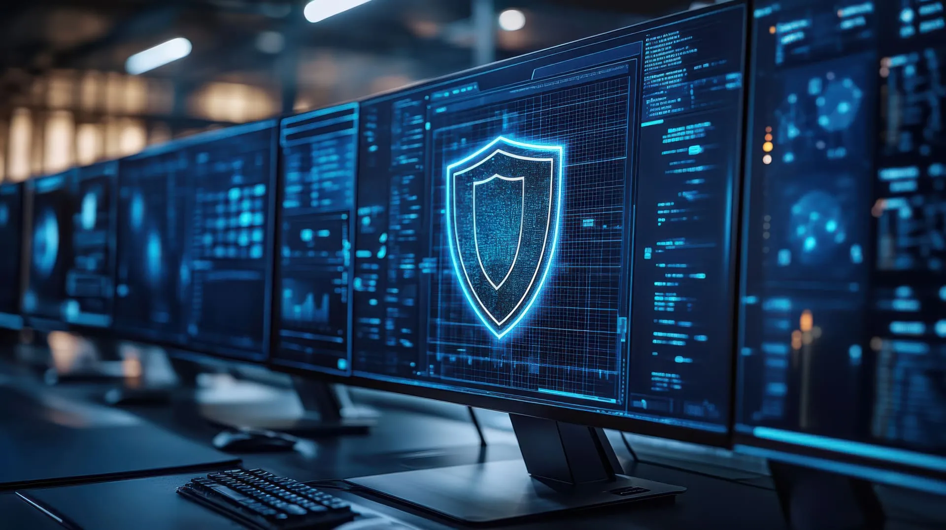 Cybersecurity monitors displaying shield icon in operations center