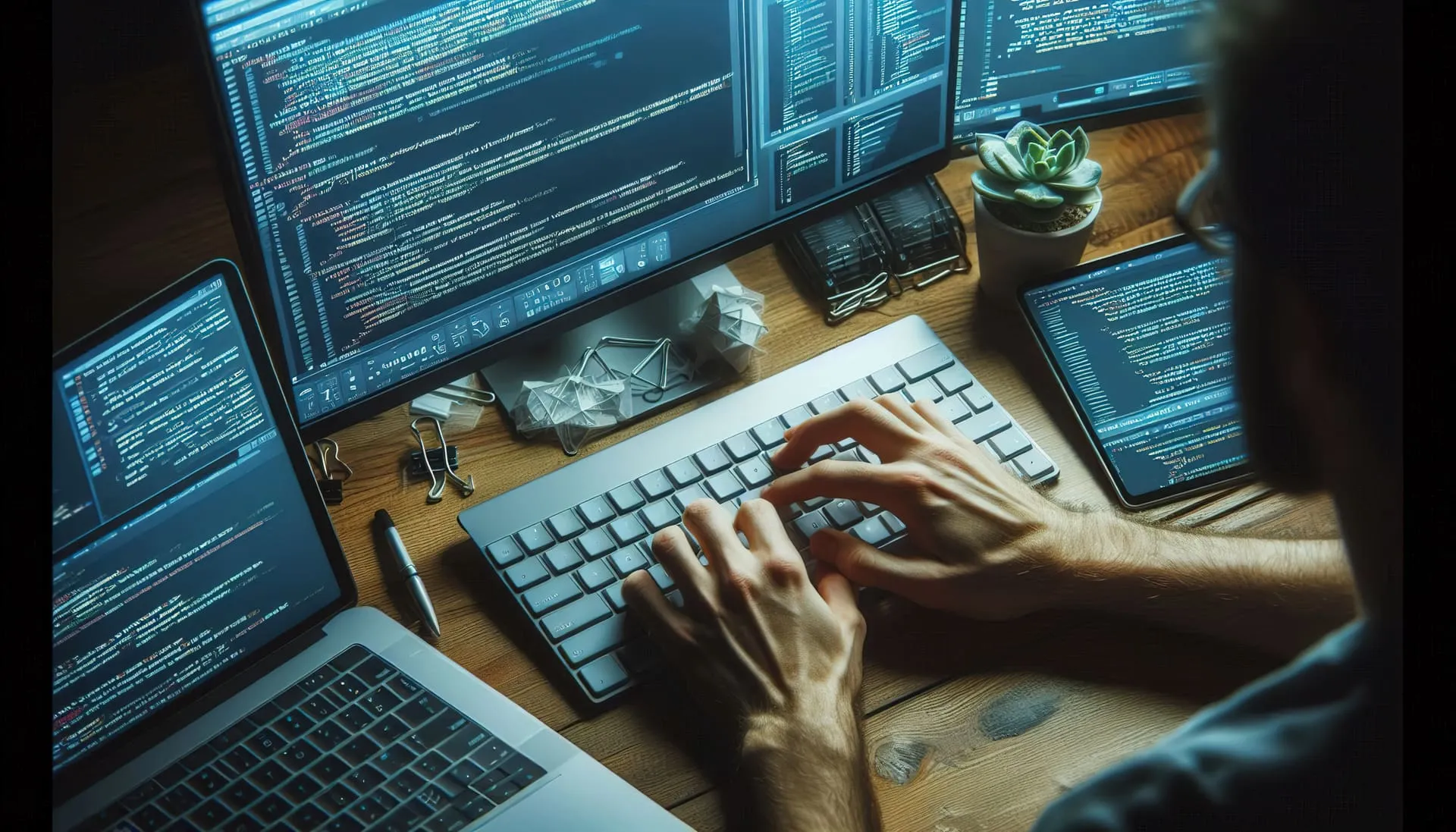 Developer writing code across multiple screens